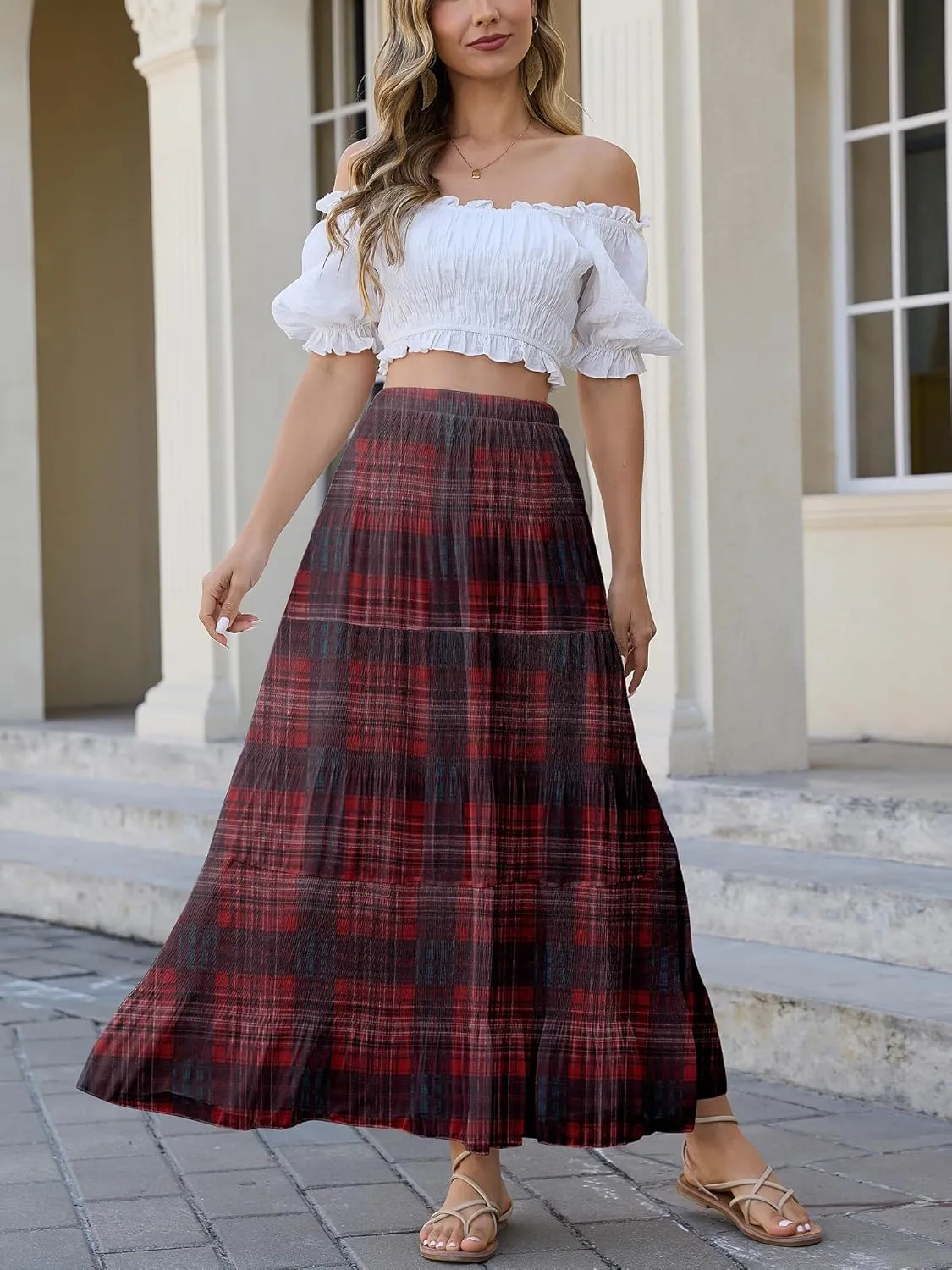 Womens Chiffon Long Skirt Elastic High Waist Floral Maxi Skirts Tiered Pleated A Line Boho Flowy Long Skirts