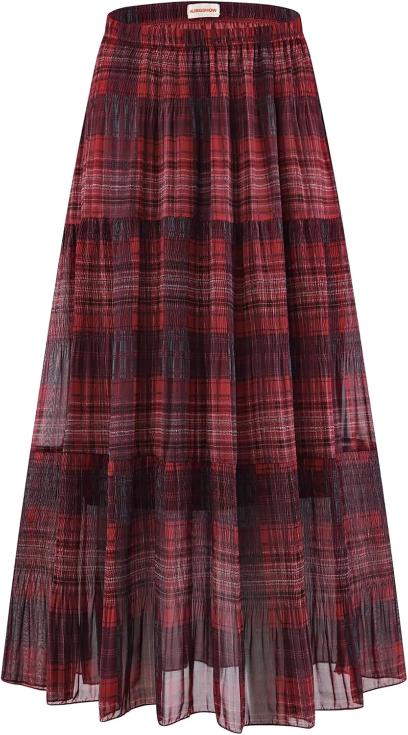 Womens Chiffon Long Skirt Elastic High Waist Floral Maxi Skirts Tiered Pleated A Line Boho Flowy Long Skirts