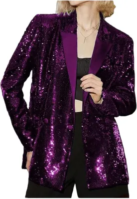 Women's Double Breasted Sequins Blazer Notch Lapel Loose Style Jacket with Long Sleeves Prom Coat
