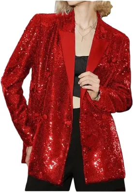 Women's Double Breasted Sequins Blazer Notch Lapel Loose Style Jacket with Long Sleeves Prom Coat
