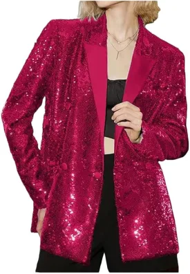 Women's Double Breasted Sequins Blazer Notch Lapel Loose Style Jacket with Long Sleeves Prom Coat