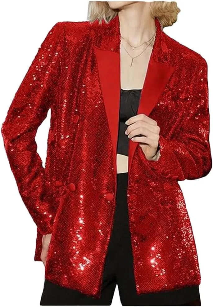 Women's Double Breasted Sequins Blazer Notch Lapel Loose Style Jacket with Long Sleeves Prom Coat