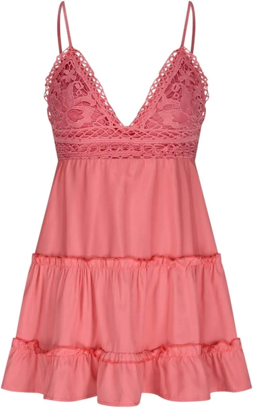 Womens Slip Dresses 2025 Summer V-Neck Spaghetti Strap Skater Dress Bowknot Backless Sleeveless Lace Mini Swing Dress