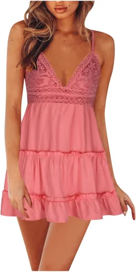 Womens Slip Dresses 2025 Summer V-Neck Spaghetti Strap Skater Dress Bowknot Backless Sleeveless Lace Mini Swing Dress