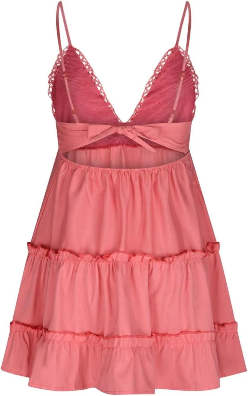 Womens Slip Dresses 2025 Summer V-Neck Spaghetti Strap Skater Dress Bowknot Backless Sleeveless Lace Mini Swing Dress