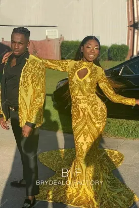 Yellow Sequin Keyhole Neck Long Sleeve Mermaid Prom Dress