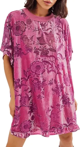 Yimoon Women's Vintage Velvet Floral Print Short Sleeve Mini Flowy Dress - Round Neck Boho Short