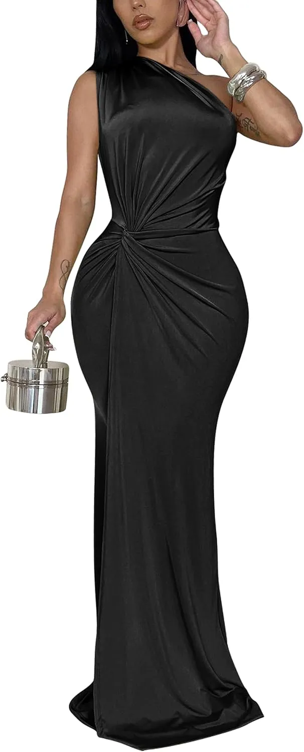 YMDUCH Women's Elegant One Shoulder Sleeveless Twist Waist Bodycon Party Long Dress